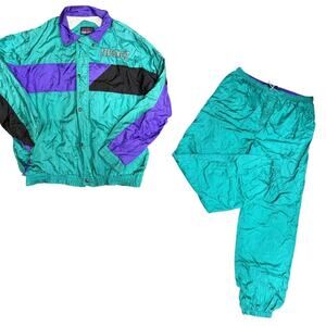 Vtg 90s Pure Sweat Nylon Colorblock 2 Piece Windbreaker Tracksuit 2X Tall Retro